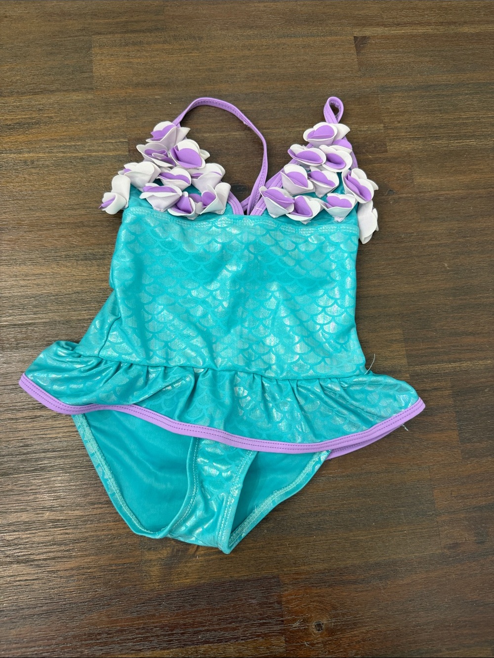 Floatimini Turquoise Mermaid Swimsuit with Purple and White Ruffle Straps
